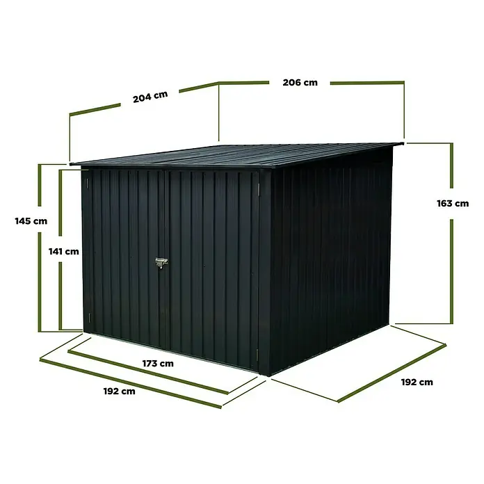 Hoggar Gerätehaus Nyon - Außenmaß inkl. Dachüberstand (B x T): 206 x 204 cm, Anthrazit, Stahl, 4,2 m² - Abbildung eines schwarzen Metall-Gartenschuppens mit Maßangaben. Der Schuppen hat ein geneigtes Dach und eine abschließbare Tür.