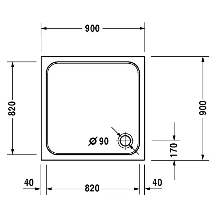 Duravit D-Code Duschwanne - L x B: 90 x 90 cm, Kunststoff, Weiß, Mit Antirutsch-Oberfläche, Quadratisch - Technische Zeichnung einer quadratischen Duschwanne mit Maßen und Abfluss.