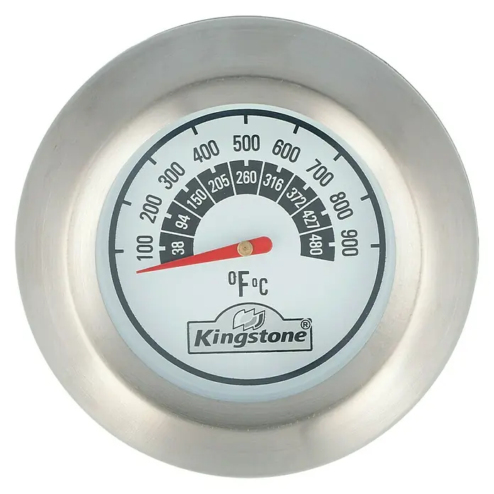 Ersatz-Thermometer - Passend für: Kingstone Kugelgrill Bullet 57 - Nahaufnahme eines Kingston-Thermometers mit einer Skala von 100 bis 900 Grad Fahrenheit und Celsius, ideal zum Grillen.