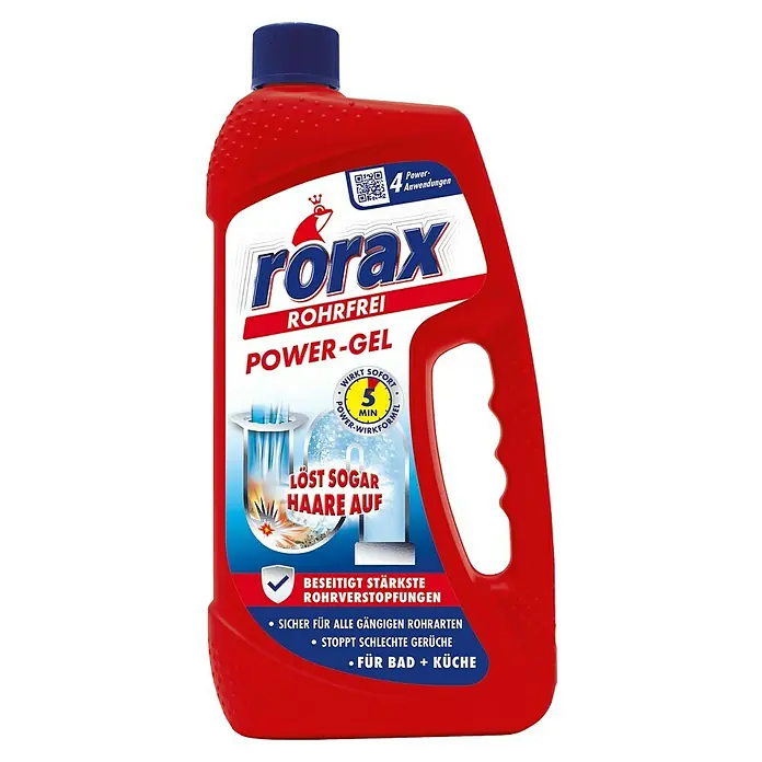 Rorax Rohrreiniger Rohrfrei Power-Gel - 1 l, Flasche - Rorax Rohrfrei Power-Gel, ein starkes Abflussmittel, das selbst hartnäckigste Verstopfungen in Bad und Küche beseitigt und Haare auflöst.