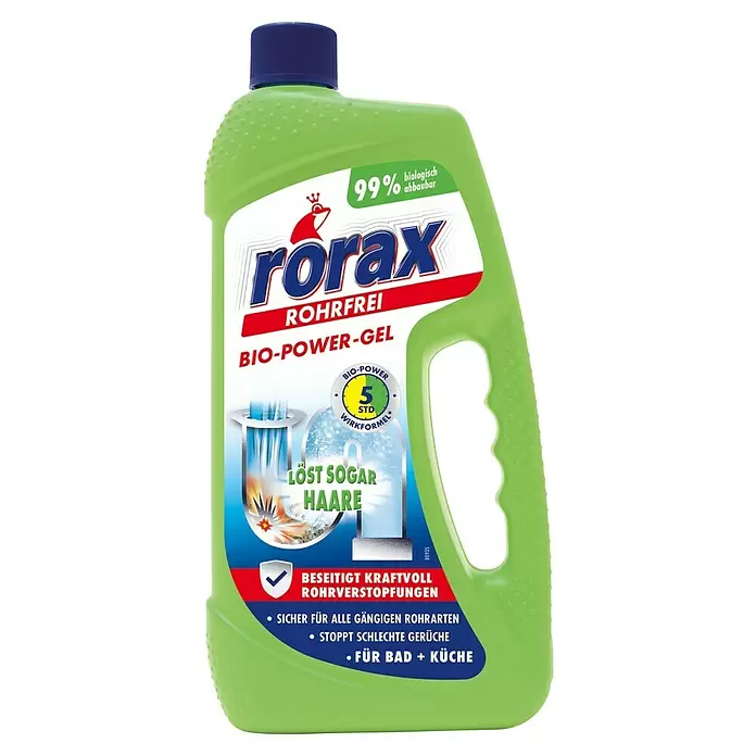 Rorax Rohrreiniger Rohrfrei Bio-Power-Gel - 1 l, Flasche - Hellgrüne Rorax Bio-Power-Gel Rohrreinigerflasche mit dunkelblauem Verschluss. Entfernt effektiv Rohrverstopfungen, auch Haare, für Bad und Küche.