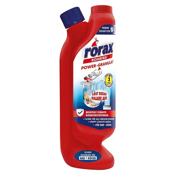 Rorax Rohrreiniger Rohrfrei Power-Granulat - 600 g, Flasche - Rorax Rohrfrei Power-Granulat: Effektiver Rohrreiniger für Bad und Küche, löst Verstopfungen und Haare schnell auf.