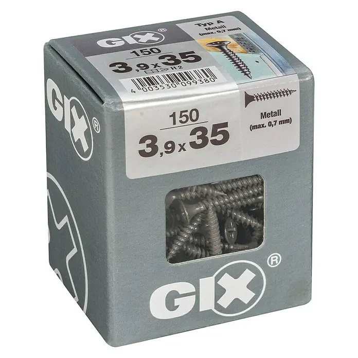 Spax Trockenbauschraube GIX A - Durchmesser: 3,9 mm, Länge: 35 mm, Trompetenkopf, 150 Stk. - Eine Schachtel GIX-Metallschrauben vom Typ A, 3,9 x 35 mm, mit maximal 0,7 mm Stärke. Ideal für diverse Metallarbeiten.