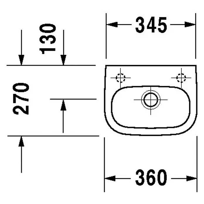 Duravit D-Code Waschbecken - 36 x 27 cm, Ohne Spezialglasur, Hahnloch: Links, Mit Überlauf, Weiß - Technische Zeichnung eines Duravit Waschtischs mit Maßangaben, ideal für Badplanung und Installation.\n