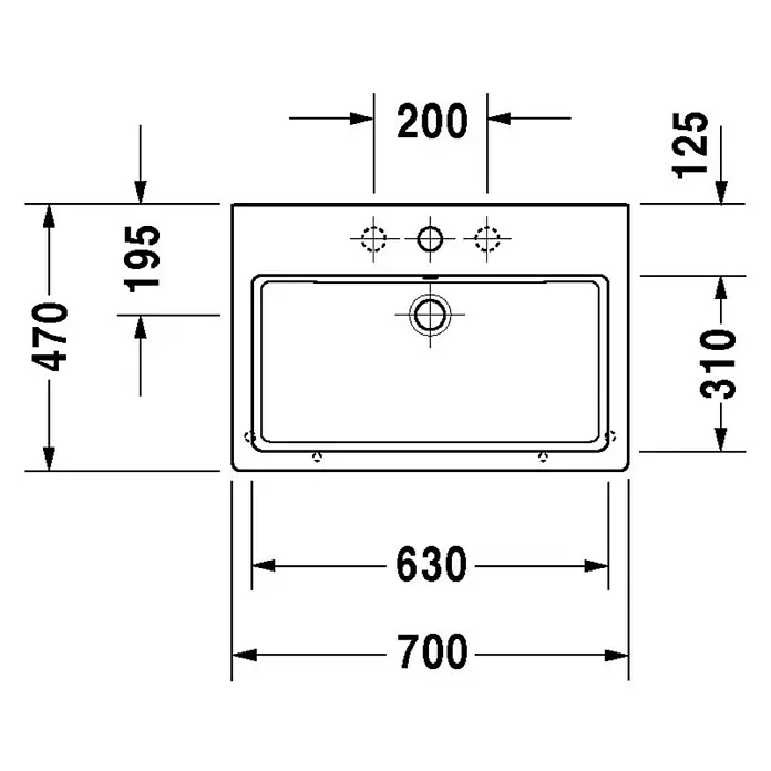 Duravit Vero Waschtisch - 70 x 47 cm, Ohne Spezialglasur, Hahnloch: Mitte, Mit Überlauf, Weiß, Ungeschliffen - Technische Zeichnung eines rechteckigen Waschbeckens mit den Maßen 700 x 470 mm.