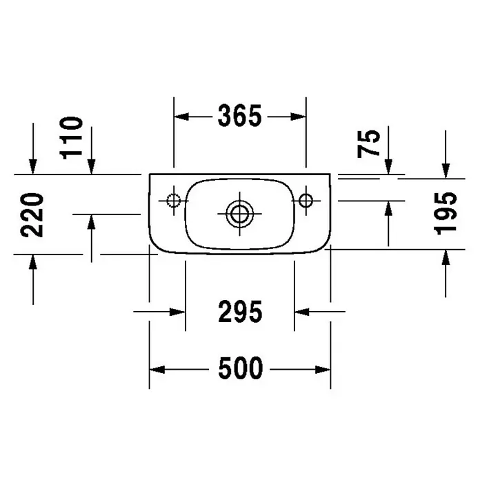 Duravit DuraStyle Waschbecken - 50 x 22 cm, Ohne Spezialglasur, Hahnloch: Ohne, Ohne Überlauf, Weiß - Technische Zeichnung eines Aufsatzwaschbeckens mit Maßangaben zur detaillierten Produktinformation.