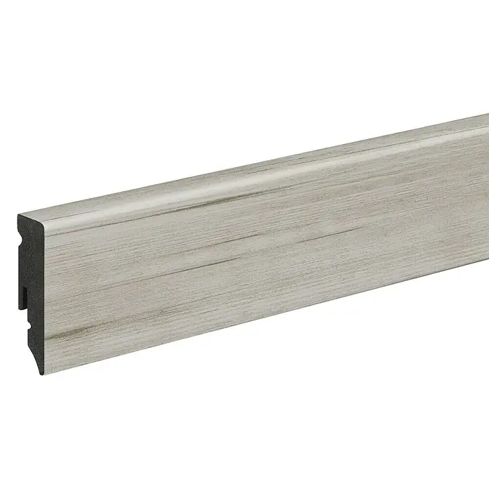 Profiles and more Sockelleiste KU51L Creston Eiche Weiß - 240 cm x 15 mm x 50 mm - Graue Fußleiste mit Holzstruktur und dunklen Rändern, ideal für moderne Innenräume. Schützt Wände und verleiht dem Raum ein stilvolles Finish.