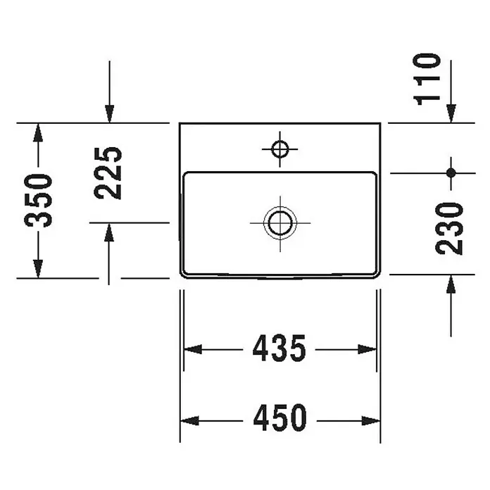 Duravit DuraSquare Waschbecken - 45 x 35 cm, Ohne Spezialglasur, Hahnloch: Mitte, Ohne Überlauf, Weiß, Geschliffen - Draufsicht Waschbecken mit Maßen. Waschbecken mit 450mm Breite und 350mm Tiefe, inkl. Details zur Positionierung.