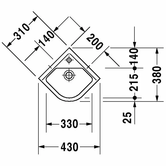 Duravit Starck 3 Waschbecken - 44 x 38 cm, Ohne Spezialglasur, Hahnloch: Mitte, Mit Überlauf, Weiß - Abmessungen eines Eckwaschbeckens mit Angaben zu Breite, Tiefe und Montagepunkten für Sanitärinstallationen.