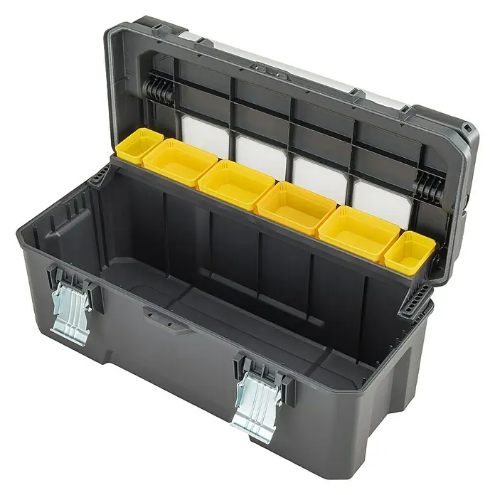 Stanley FatMax Werkzeugkasten Pro Cantilever - Kunststoff, Fassungsvermögen: 39 l, 26″ - Abgebildete, offene Werkzeugkiste mit gelben Fächern zur Werkzeugaufbewahrung. Der Werkzeugkasten ist grau und hat silberfarbene Verschlüsse.