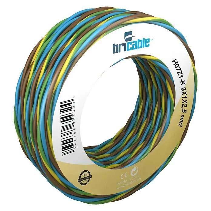 Bricable Cable unipolar Trifacil - H07Z1-K, Número de cables: 1, 10 m, Multicolor, 2,5 mm² - Cable Bricable H07Z1-K 3X1X2,5 mm² enrollado en marrón, azul, amarillo y verde. Bobina de cable para instalaciones eléctricas seguras.