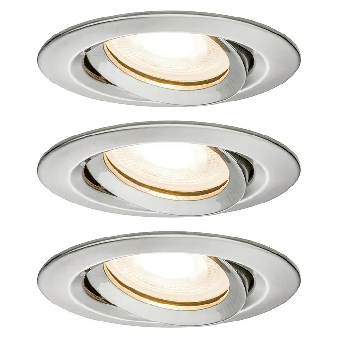 Paulmann Nova LED-Einbauleuchten-Set Coin - 7 W, Warmweiß, IP65, 3 Stk., Eisen gebürstet - Drei schwenkbare LED-Deckeneinbaustrahler mit runden, silberfarbenen Rahmen und warmweißem Licht vor schwarzem Hintergrund.