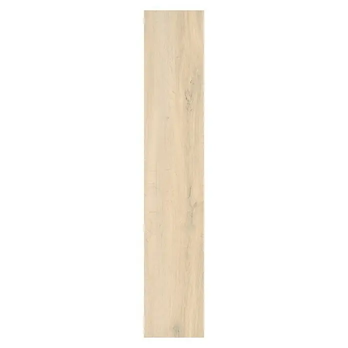 Living by Haro Hydrostar Designboden Eiche Como1.282 x 235 x 6,5 mm, Landhausdiele, Eiche Como - Nahaufnahme einer einzelnen, hellen Holzdiele mit feiner Maserung, ideal für Bodenbeläge oder Wandverkleidungen mit natürlichem Look.