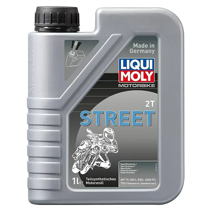 Liqui Moly Motoröl Motorbike 2T Street - 1 l - Graue 1-Liter LIQUI MOLY 2T Street teilsynthetische Motorölflasche für Motorräder.