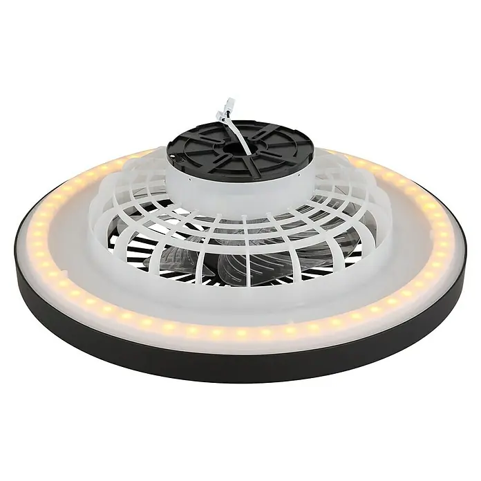 Globo Deckenventilator Blizzak - Schwarz, 54 cm, 45 W - Produktbild einer Deckenleuchte mit Ventilator und LED-Ring. Die Leuchte hat ein modernes Design in Schwarz, Weiß und transparent.