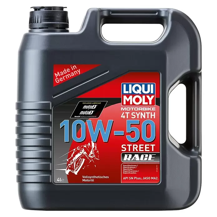Liqui Moly Motoröl Motorbike 4T Synth 10W-50 Street Race - 10W-50, 4 l - Dunkelgrauer 4-Liter-Kunststoffkanister Liqui Moly 10W-50 vollsynthetisches Motorradöl.