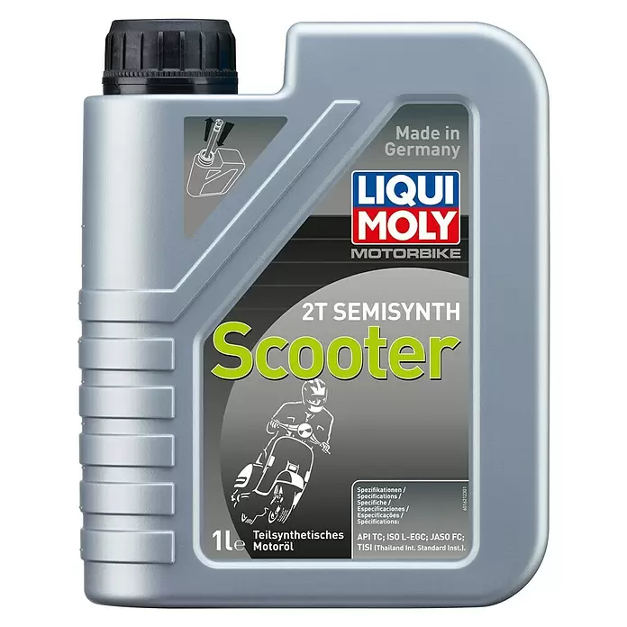 Liqui Moly Motoröl Motorbike 2T Semisynth Scooter - 1 l - Graue LIQUI MOLY 2T Semisynth Scooter Motorölflasche mit Schriftzug und Roller-Grafik.
