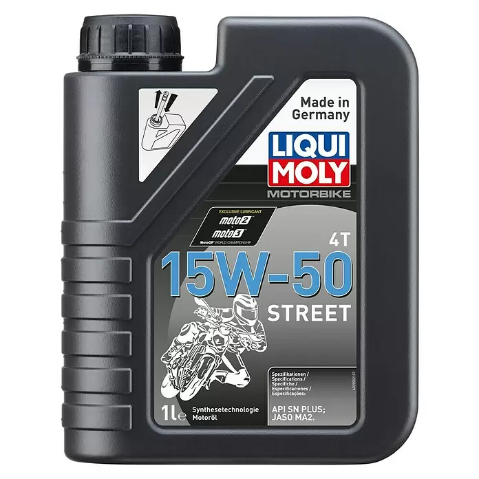 Liqui Moly Motoröl Motorbike 4T 15W-50 Street - 15W-50, 1 l - Dunkelgraue Liqui Moly 1L 4T 15W-50 Street Motorrad-Motorölflasche.