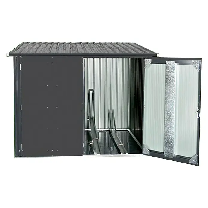 Hoggar Gerätehaus Nyon - Außenmaß inkl. Dachüberstand (B x T): 206 x 204 cm, Anthrazit, Stahl, 4,2 m² - Abbildung eines Metall-Fahrradschuppens mit geöffneten Türen, der eine sichere Aufbewahrung für Fahrräder bietet.
