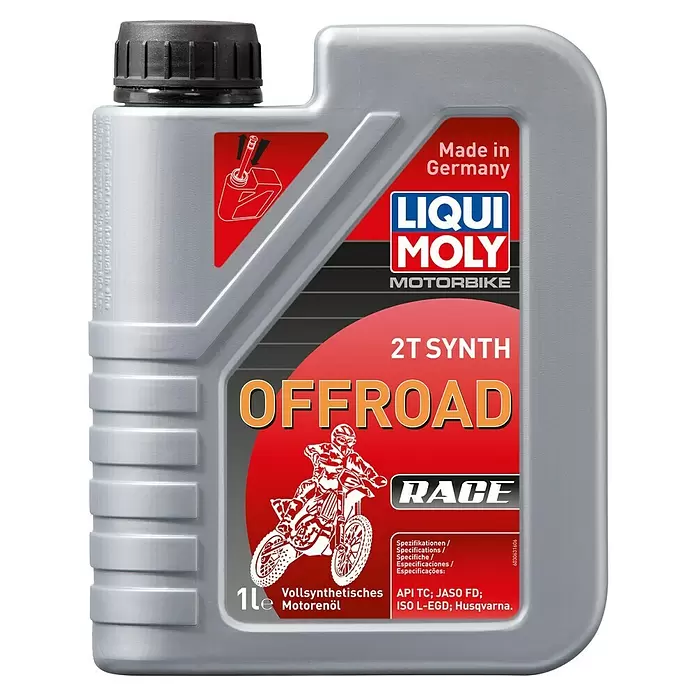 Liqui Moly Motoröl Motorbike 2T Synth Offroad Race - 1 l - Eine silbergraue 1L Liqui Moly Motorbike 2T Synth Offroad Race Motorölflasche mit schwarzem Deckel und rotem Etikett mit Spezifikationen.