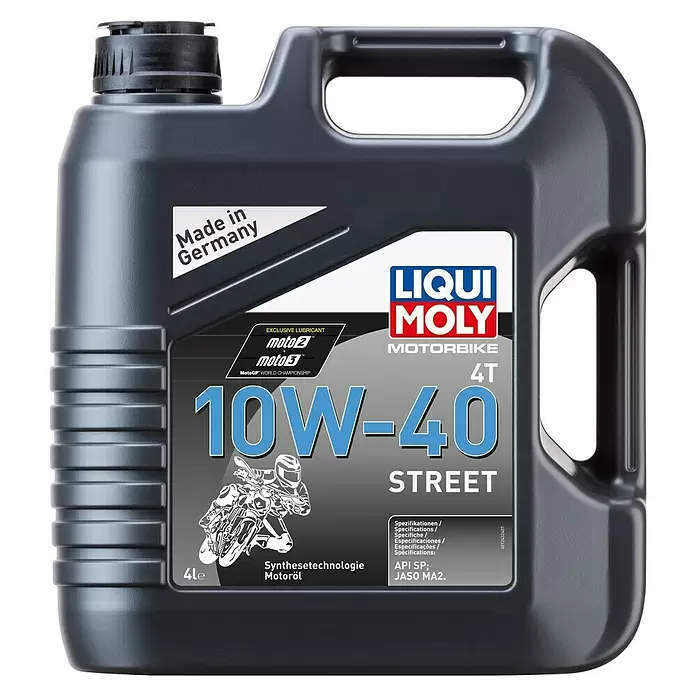 Liqui Moly Motoröl Motorbike 4T 10W-40 Street - 10W-40, 4 l - Dunkelgrauer LIQUI MOLY MOTORBIKE 4T 10W-40 STREET Motoröl 4L Kanister mit Griff und Deckel.