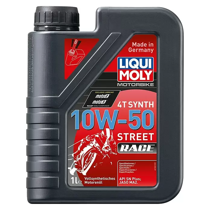 Liqui Moly Motoröl Motorbike 4T Synth 10W-50 Street Race - 10W-50, 1 l - Dunkelgraue 1-Liter Liqui Moly 4T Synth 10W-50 Street Race Motorradölflasche mit rotem, blauem und schwarzem Etikett.