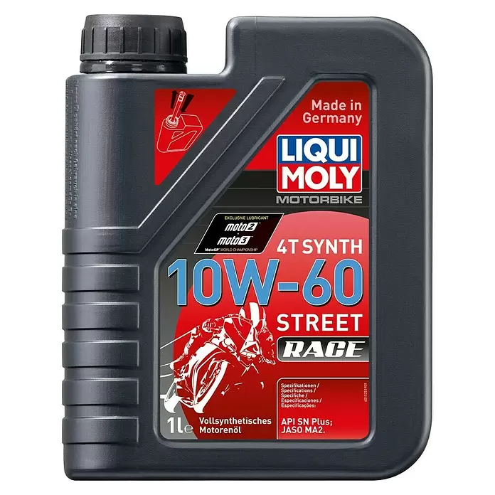 Liqui Moly Motoröl Motorbike 4T Synth 10W-60 Street Race - 10W-60, 1 l - Dunkelgraue 1-Liter-Kunststoffflasche LIQUI MOLY 10W-60 4T SYNTH Motorbike Street Race Motoröl, mit roten und schwarzen Etiketten.