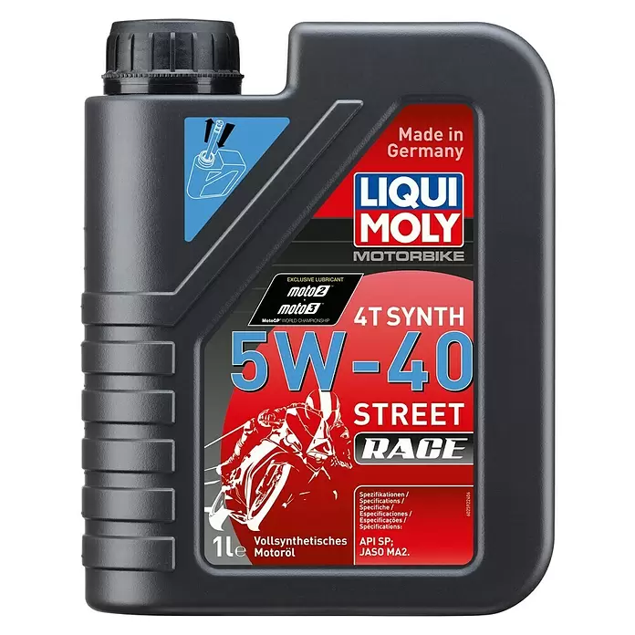 Liqui Moly Motoröl Motorbike 4T Synth 5W-40 Street Race - 5W-40, 1 l - Dunkelgraue 1-Liter Liqui Moly Motorrad 4T Synth 5W-40 Street Race Motorölflasche mit rot-schwarzem Etikett.