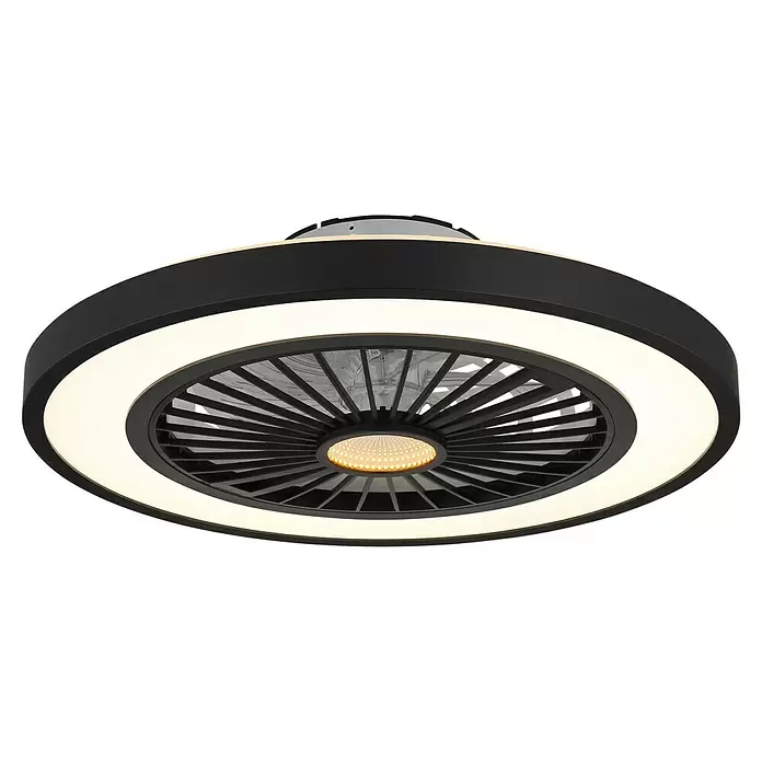 Globo Deckenventilator Blizzak - Schwarz, 54 cm, 45 W - Runder schwarzer Deckenventilator mit weißem LED-Ringlicht und zentralem gelbem LED, mit schwarzen, verdeckten Rotorblättern.