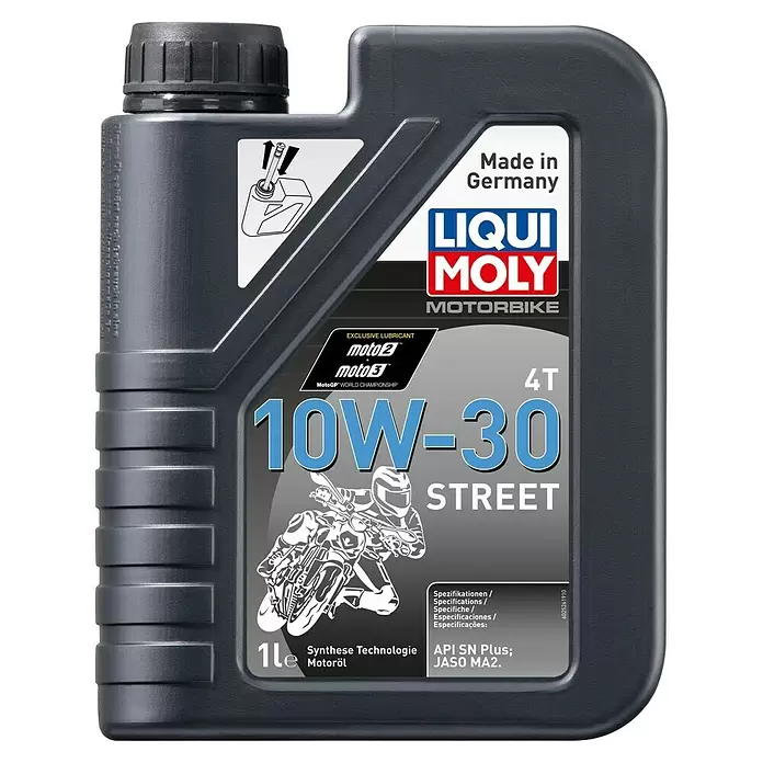 Liqui Moly Motoröl Motorbike 4T 10W-30 Street - 10W-30, 1 l - Dunkelgraue 1L Liqui Moly 4T 10W-30 Street Motorrad-Motorenölflasche, mit 'Made in Germany' und MotoGP-Branding.