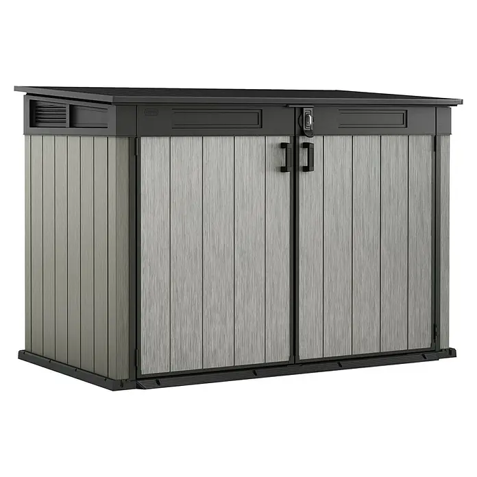 Keter Truhe Grande Store - Außenmaß inkl. Dachüberstand (B x T): 191 x 109 cm, Kunststoff, Grau, Geeignet für Anzahl Mülltonnen: 3 Stk. - Geräumiger, wetterfester Geräteschuppen aus robustem Kunststoff für den Außenbereich. Ideal zur Aufbewahrung von Gartengeräten und Werkzeugen.