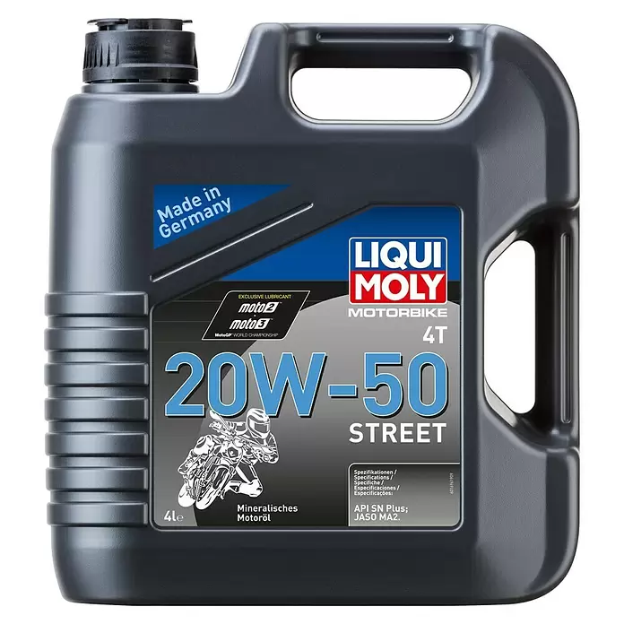 Liqui Moly Motoröl Motorbike 4T 20W-50 Street - 20W-50, 4 l - Dunkelgrauer 4L Liqui Moly Motorradölkanister, 4T 20W-50, hergestellt in Deutschland.