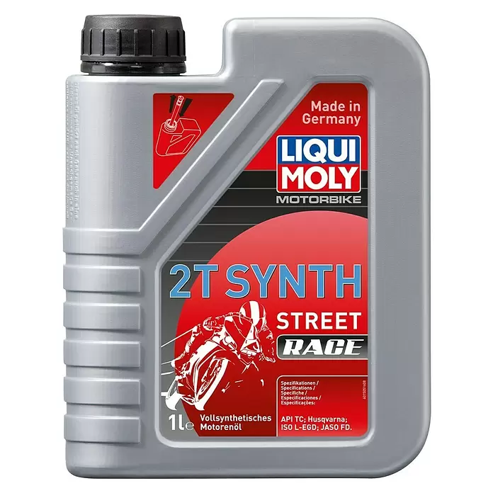 Liqui Moly Motoröl Motorbike 2T Synth Street Race - 1 l - Graue Liqui Moly 2T Synth Street Race Motorradölflasche mit schwarzem Deckel, rotes Etikett mit Motorradfahrer und Spezifikationen, 1 Liter.