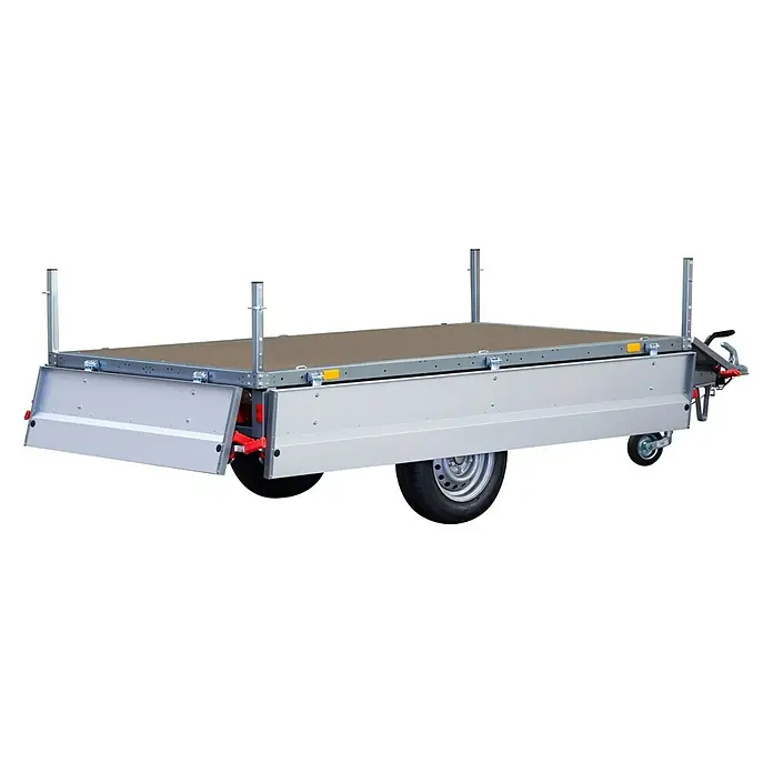 Stema Anhänger BASIC SH 1300-25-13.1Nutzlast: 1.064 kg, Einachser, Kasteninnenmaß: 251 x 128 x 35 cm, Gebremst - Silberner Anhänger mit Ladefläche. Der Anhänger hat eine abklappbare Heckklappe und Stützen für den Transport von Langgut.