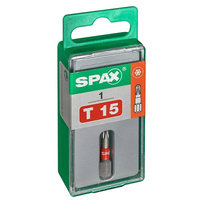 Spax Bit T-Star plus - T15, 1 Stk. - Eine einzelne SPAX T15 Schrauberbit in einer grünen Kunststoffverpackung mit transparentem Deckel.