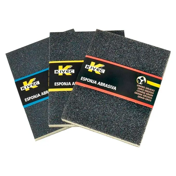 Taco de lijado KV-EFINO - L x An x Al: 12,5 x 10 x 1,2 cm - Tres esponjas abrasivas de la marca Kivec en varios granos para trabajos de lijado en taller y hogar.