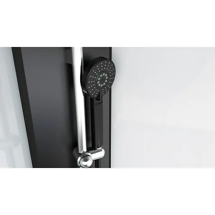 Aurlane Cabina de ducha completa Black Sea - 90 x 90 x 210 cm, Blanco/Negro - Primer plano de un elegante cabezal de ducha redondo negro con barra cromada, montado en un panel de ducha negro.