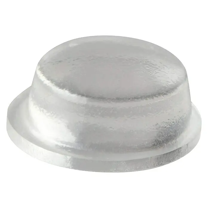 Türpuffer selbstklebend für Wand und Möbel - Ø x H: 11 x 5 mm, Transparent, 4 Stk. - Nahaufnahme einer klaren, kuppelförmigen LED-Linse mit einer breiten Krempe, die das Licht streut und die Sicht verbessert.