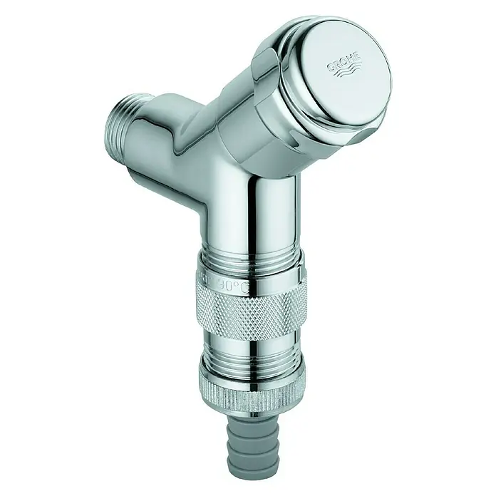 Grohe Geräteanschlussventil WAS - ½″, Verchromt - Nahaufnahme eines glänzenden Grohe Eckventils mit einem Knopf und verschiedenen Gewindekomponenten.
