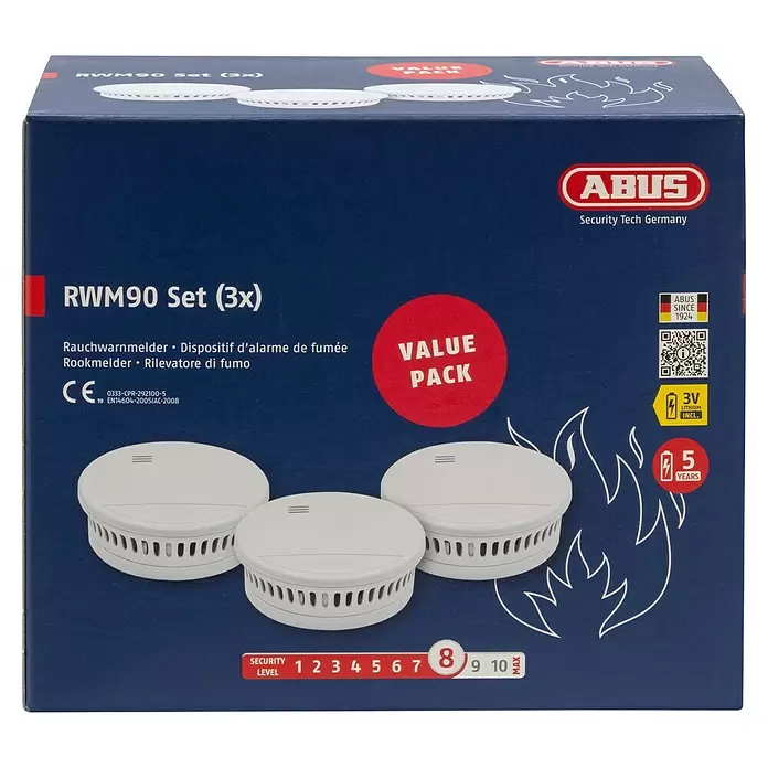 Abus Rauchwarnmelder-Set RWM90 - Alarmsignal: 85 dB, 3 Stk., Höhe: 36 mm - ABUS RWM90 Set mit drei weißen Rauchmeldern in einer blauen Box.