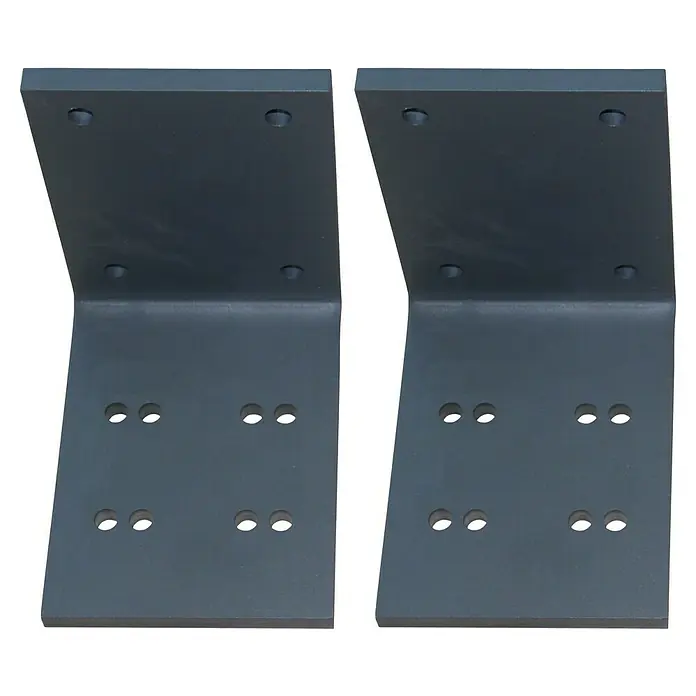 Deckenadapter ALT-ET-DA - 175 x 130 x 175 mm, Anthrazitgrau, Passend für: Sunfun Vollkassettenmarkisen Elba - Bild von zwei grauen Regalträgern mit mehreren Löchern zum Anschrauben an der Wand. Sie sind aus Metall und haben eine L-Form.