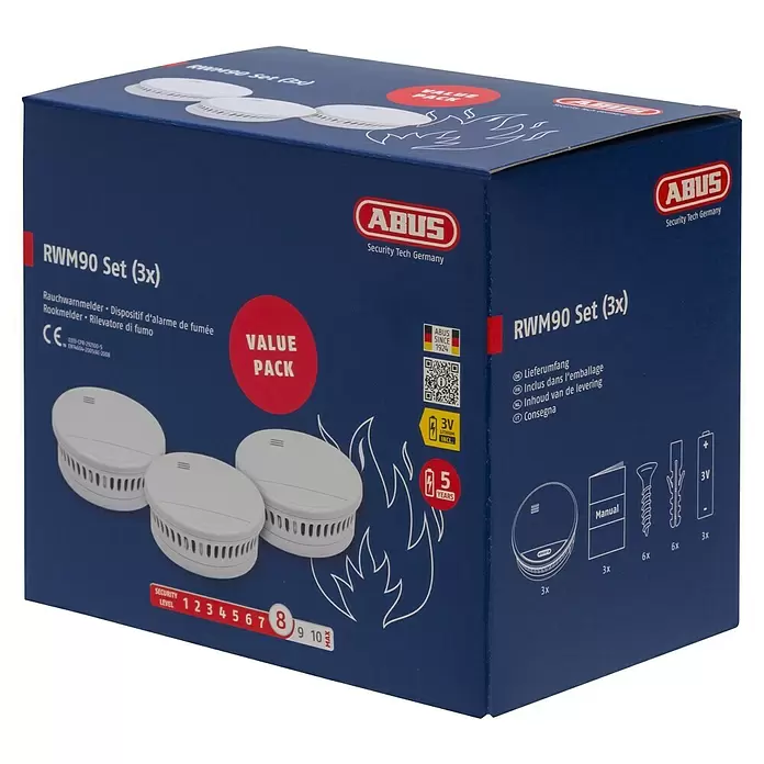 Abus Rauchwarnmelder-Set RWM90 - Alarmsignal: 85 dB, 3 Stk., Höhe: 36 mm - ABUS RWM90 Rauchmelder 3er-Set in blauem Karton, zeigt drei weiße Melder, 5 Jahre Batterielebensdauer und Sicherheitsstufe.