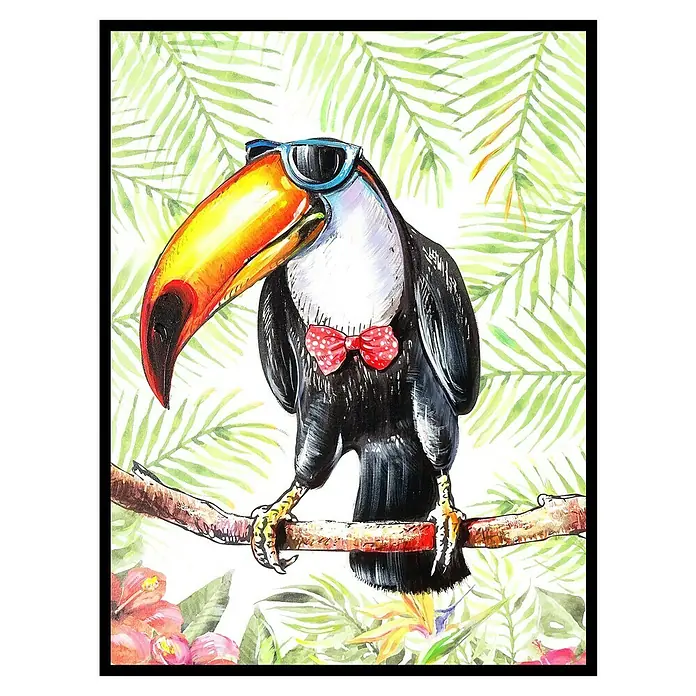 Cuadro Tropical Tucán - City Bulldogs, An x Al: 30 x 40 cm, 1 pzs. - Tucán con gafas de sol y pajarita, posado en una rama con un fondo tropical.