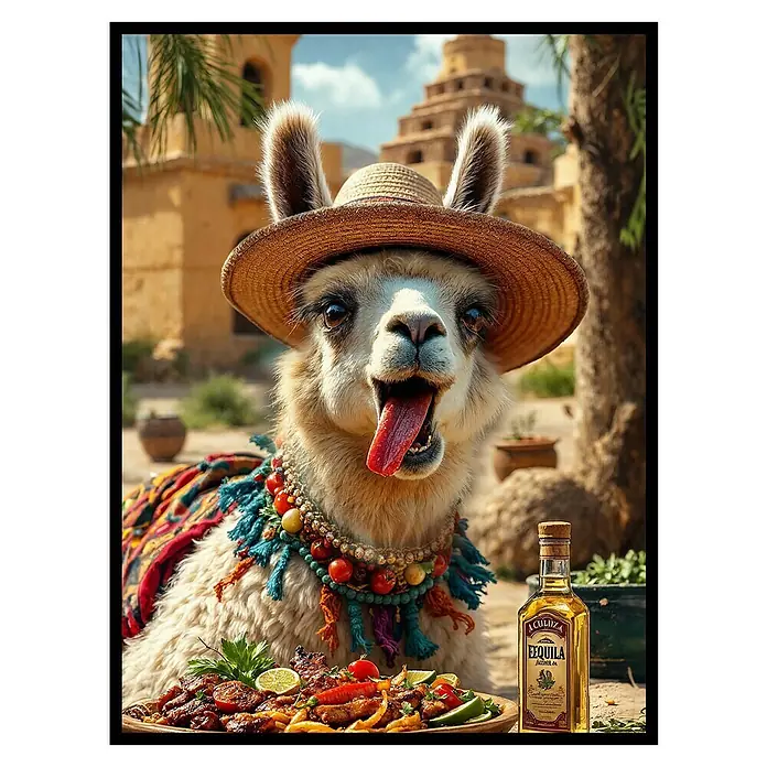 Cuadro City Llama - City Llama, An x Al: 30 x 40 cm, 1 pzs. - Una llama divertida con sombrero, tequila y comida deliciosa. ¡Ideal para tu celebración!