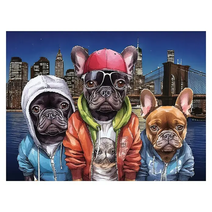 Cuadro Crazy Brooklyn - Crazy Brooklyn, An x Al: 80 x 60 cm, 1 pzs. - Tres bulldogs elegantemente vestidos frente al horizonte de Nueva York. Los perros llevan sudaderas con capucha, chaquetas y gorra con gafas de sol!