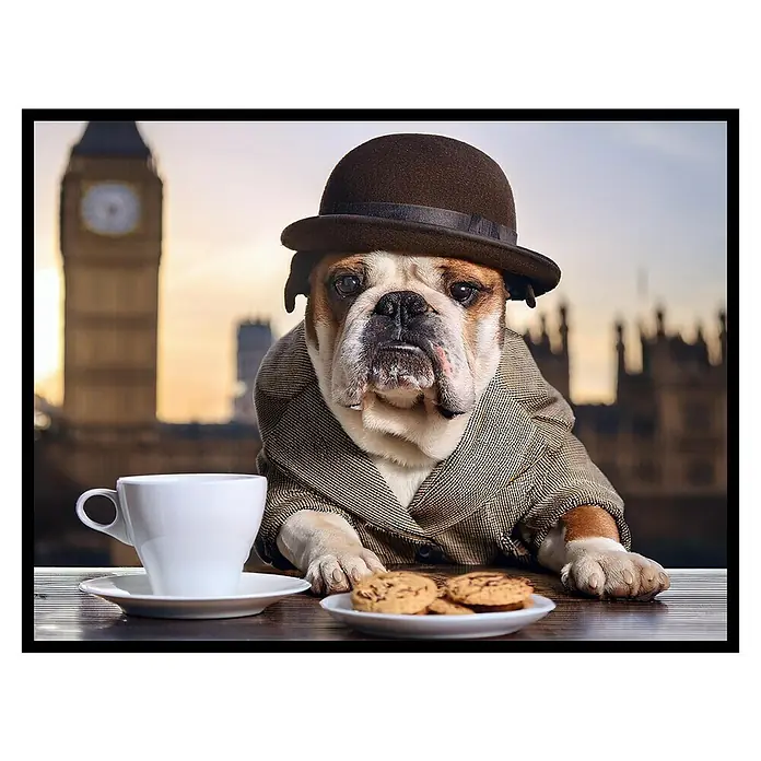 Cuadro City Bulldog - City Bulldog, An x Al: 40 x 30 cm, 1 pzs. - Bulldog elegante con sombrero y chaqueta disfrutando de té y galletas frente al Big Ben. Tiro elegante.