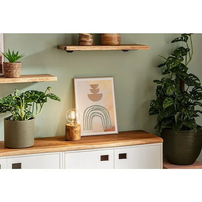 Reinders Bild Slim Frame Wood - Earth Bows, B x H: 30 x 40 cm - Einrichten mit einem modischen Holzregal und einem modernen abstrakten Bild auf einer Holzkommode neben grünen Pflanzen und einer Lampe.