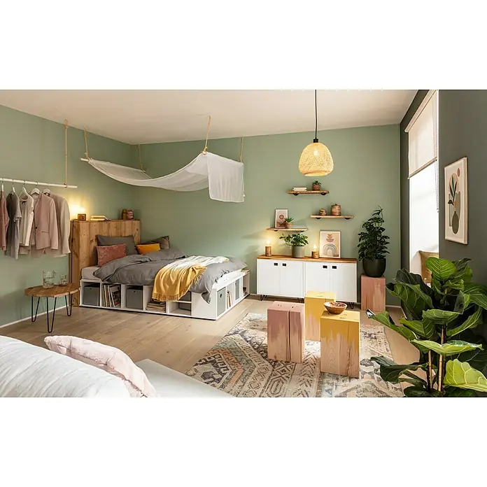 Wagner System Möbelfuß Hairpinlegs - Stahl, Höhe: 40 cm, Schwarz - Einladendes Schlafzimmer mit Doppelbett, Ablageflächen, Tagesdecke, Nachttisch und Kleiderstange mit Kleidung in harmonischen Farben.
