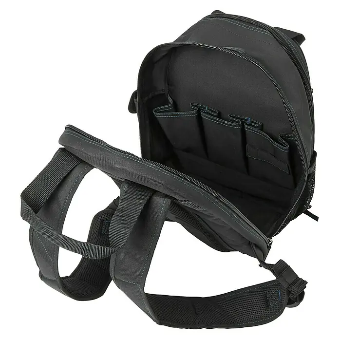 Wisent Mochila para herramientas BASTB4 - No incluye herramientas, Negro - Una mochila negra abierta con múltiples compartimentos y correas ajustables. Perfecta para el trabajo, la escuela o los viajes.
