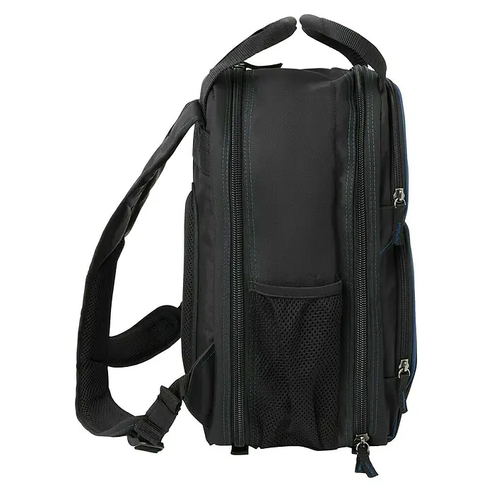 Wisent Mochila para herramientas BASTB4 - No incluye herramientas, Negro - Primer plano de una mochila negra con múltiples compartimentos con cremallera y un bolsillo de malla. Las correas están acolchadas para mayor comodidad.